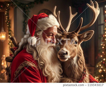 Santa Claus lovingly hugs his reindeer indoors against a background of decorations and a Christmas tree with decorations, garlands and toys. The atmosphere of comfort and love 119343817