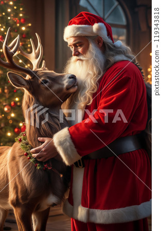 Santa Claus lovingly hugs his reindeer indoors against a background of decorations and a Christmas tree with decorations, garlands and toys. The atmosphere of comfort and love 119343818
