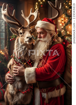 Santa Claus lovingly hugs his reindeer indoors against a background of decorations and a Christmas tree with decorations, garlands and toys. The atmosphere of comfort and love 119343819
