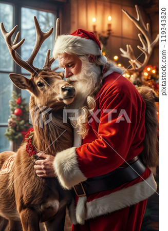 Santa Claus lovingly hugs his reindeer indoors against a background of decorations and a Christmas tree with decorations, garlands and toys. The atmosphere of comfort and love 119343820