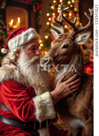 Santa Claus lovingly hugs his reindeer indoors against a background of decorations and a Christmas tree with decorations, garlands and toys. The atmosphere of comfort and love Santa Claus lovingly hugs his reindeer indoors against a background of decorations and a Christmas tree with decorations, garlands and toys. The atmosphere of comfort and love 119343821