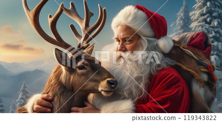 Santa Claus lovingly hugs his reindeer outdoors against a background of snow-capped mountains and Christmas trees. The atmosphere of comfort and love 119343822