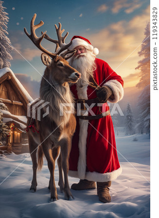 Santa Claus lovingly hugs his reindeer outdoors against a background of snow-capped mountains and Christmas trees. The atmosphere of comfort and love 119343829