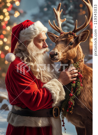 Santa Claus lovingly hugs his reindeer outdoors against a background of snow-capped mountains and Christmas trees. The atmosphere of comfort and love 119343833