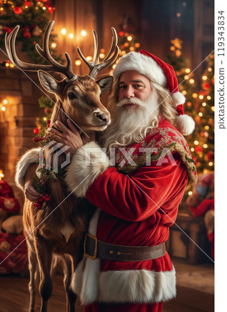 Santa Claus lovingly hugs his reindeer indoors against a background of decorations and a Christmas tree with decorations, garlands and toys. The atmosphere of comfort and love 119343834