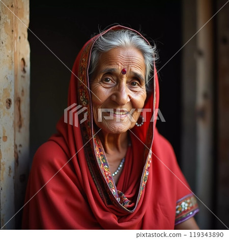 An elderly woman with a warm smile is dressed in a bright red shawl. She appears relaxed and content, enjoying her surroundings in a rural Indian home. Generative AI 119343890