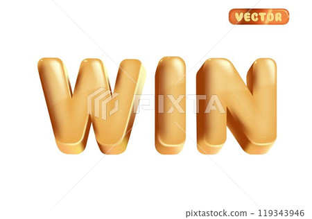 Gold text, win, glossy 3d in cartoon style. Vector illustration. Gold text, win, glossy 3d in cartoon style. Vector illustration. 119343946