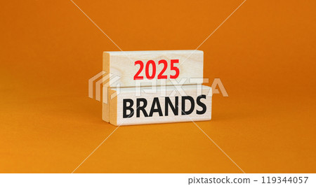 Planning 2025 brands new year symbol. Concept words 2025 Brands on beautiful wooden blocks. Beautiful orange background. Business 2025 brands new year concept. Copy space. Planning 2025 brands new year symbol. Concept words 2025 Brands on beautiful wooden blocks. Beautiful orange background. Business 2025 brands new year concept. Copy space. 119344057