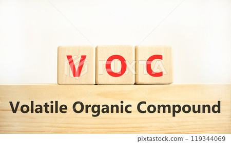 VOC volatile organic compound symbol. Concept words VOC volatile organic compound on beautiful wooden blocks. Beautiful white background. Business VOC volatile organic compound concept. Copy space. VOC volatile organic compound symbol. Concept words VOC volatile organic compound on beautiful wooden blocks. Beautiful white background. Business VOC volatile organic compound concept. Copy space. 119344069