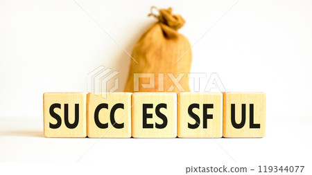 Successful symbol. Concept word Successful on beautiful wooden blocks. Beautiful white background. Beautiful canvas bag. Business successful concept. Copy space. 119344077