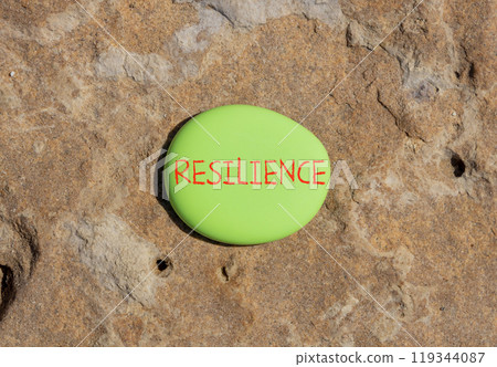 Resilience symbol. Concept word Resilience on beautiful green stone. Beautiful red stone background. Business resilience concept. Copy space. 119344087