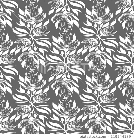 seamless white graphic floral pattern on gray background, texture 119344189