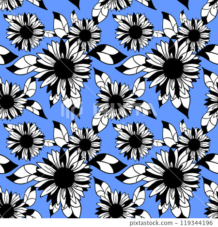 seamless pattern of black and white graphic flowers on a blue background background, texter, design 119344196