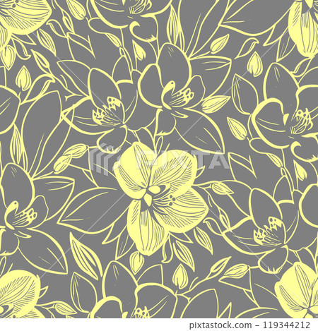 simple seamless pattern of yellow flowers on a gray background, texture, design 119344212