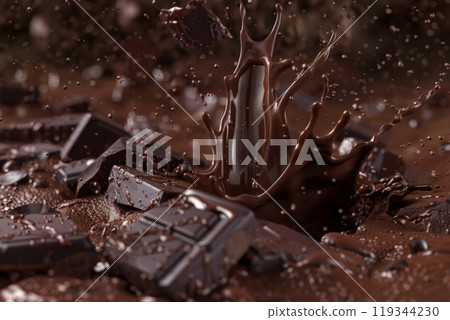 Splashes of chocolate. Chocolate bar is poured into melted chocolate pile 119344230