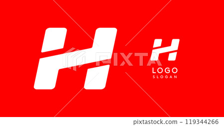 Bold angular letter H, geometric cutouts, minimalist sporty style, dynamic corporate identity, athletic and automotive logo, strong typographic design. Vector typeset 119344266