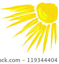 A vibrant yellow sun with radiant rays is painted against a white background, evoking a sense of warmth and joy reminiscent of a sunny day in spring. 119344404