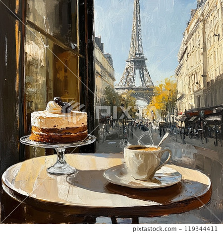 eiffel, coffee, cake 119344411