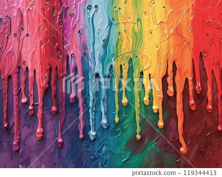 Vivid paint in rainbow hues drips down a textured surface, showcasing a blend of colors from red to purple in an art studio environment, highlighting creativity. 119344413