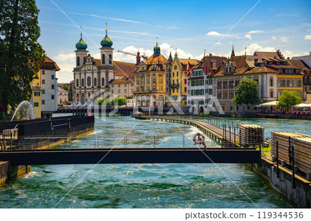 Historic Buildings along the Reuss River in Lucerne, Switzerland Historic Buildings along the Reuss River in Lucerne, Switzerland 119344536