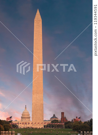 The Washington Monument and US Capitol at sunset, District of Columbia, USA 119344591