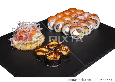 Sushi set with ginger and wasabi on a slate plate Sushi set with ginger and wasabi on a slate plate 119344663