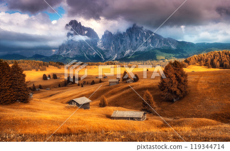 Wooden houses on orange meadows in mountain valley in autumn Wooden houses on orange meadows in mountain valley in autumn 119344714