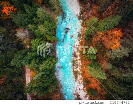 Aerial view of mountain river in colorful forest in autumn Aerial view of mountain river in colorful forest in autumn 119344722