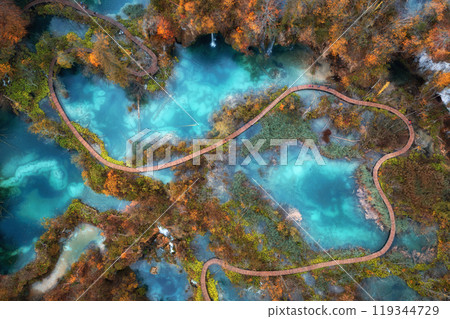 Aerial view of blue lakes in red autumn forest at sunrise 119344729