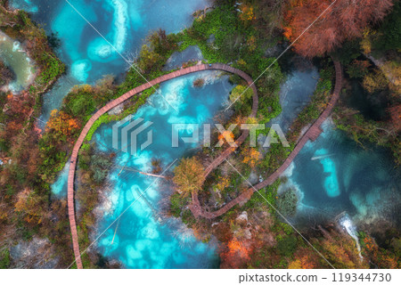 Aerial view of blue lakes in red autumn forest at sunrise Aerial view of blue lakes in red autumn forest at sunrise 119344730