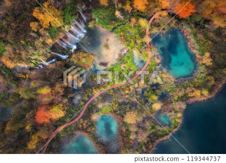 Aerial view of waterfall in red autumn forest at sunrise Aerial view of waterfall in red autumn forest at sunrise 119344737