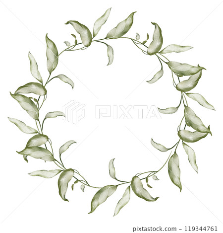 Green Wreath with leaves on isolated background. Watercolor Drawing of round Frame for wedding greeting cards or invitations. Botanical decoration for holiday and Event Invitations. Herbal chaplet. 119344761
