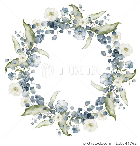 Grape wreath with green plant on isolated background. Watercolor Botanical round frame of template with bilberry for wedding invitation cards. Hand-drawn elegant banner with black rowan for postcards. 119344762
