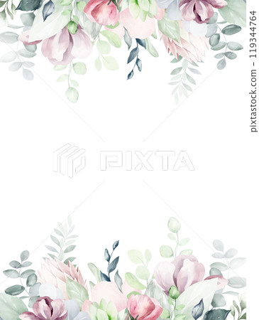 Watercolor Floral frame with dim roses and muted leaves eucalyptus. Hand-drawn of botanical background on for greeting cards or invitations on Valentines Day. Elegant framework for Wedding cards. 119344764