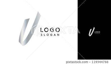 Shiny chromatic letter U, metallic monogram with shiny chrome iridescent gradient for streetwear fashion, music label, skate brand, urban art, graffiti-inspired products, modern tech company 119344788