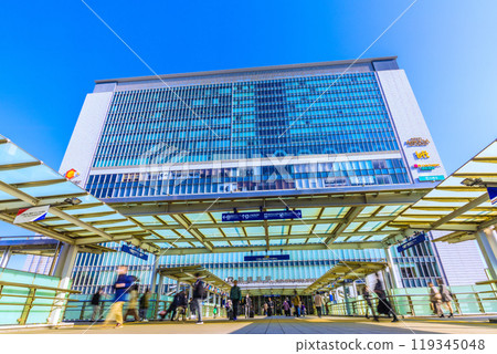 Yokohama cityscape in Japan: Post-COVID...clear blue sky. Looking out over Shin-Yokohama Station and other areas...towards a new era of hope...=15th 119345048