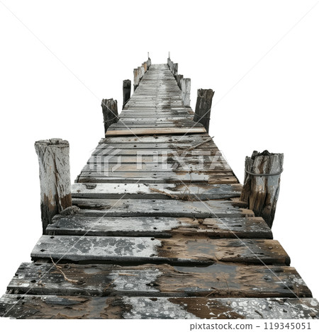 Weathered wooden planks of a vintage pier with transparent background, ready for design use 119345051