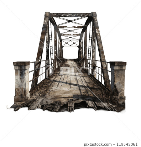 Digital illustration of an old metal truss bridge with wooden deck, isolated on a transparent background Digital illustration of an old metal truss bridge with wooden deck, isolated on a transparent background 119345061