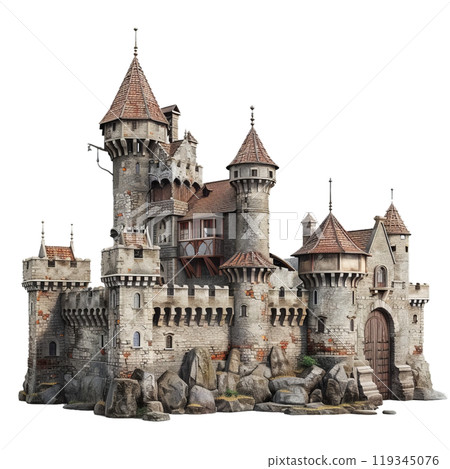 Intricately designed medieval castle with towers and battlements, set among a rugged landscape 119345076