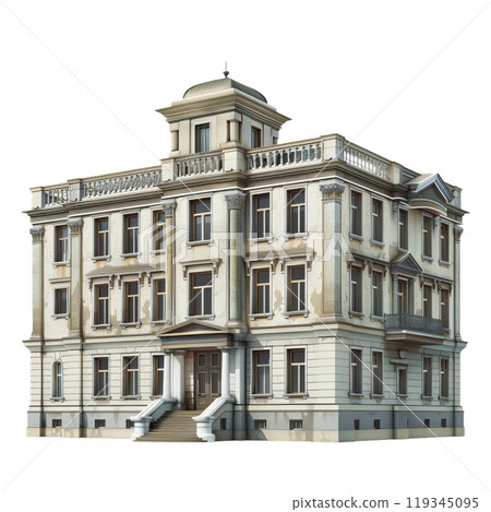 Detailed image of a threestory european building with a transparent background, suitable for design projects 119345095