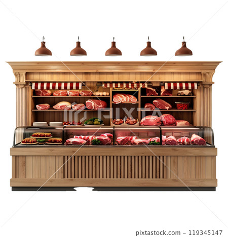 Vintage wooden display of traditional butcher shop showcasing a wide variety of fresh meat products including beef, pork, sausages, lamb, poultry, and gourmet cuts such as steak, rib, and chop 119345147