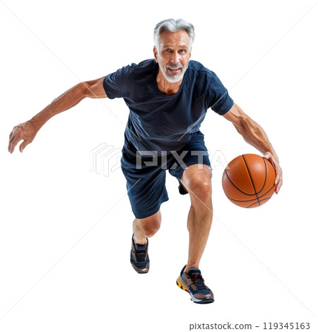 Fit elderly male in sportswear dribbling a basketball, isolated on a clear background 119345163