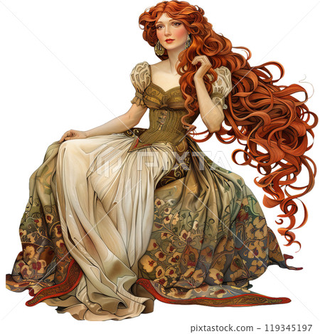 Digital illustration of a stunning fantasy princess seated in regal attire with flowing auburn locks 119345197