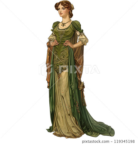 Stunning illustration of a woman in a luxurious medieval green dress 119345198
