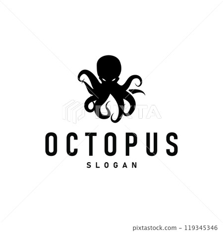 Octopus Logo, Old Retro Vintage Design Ocean Animal Vector Tentacle Illustration Template 119345346