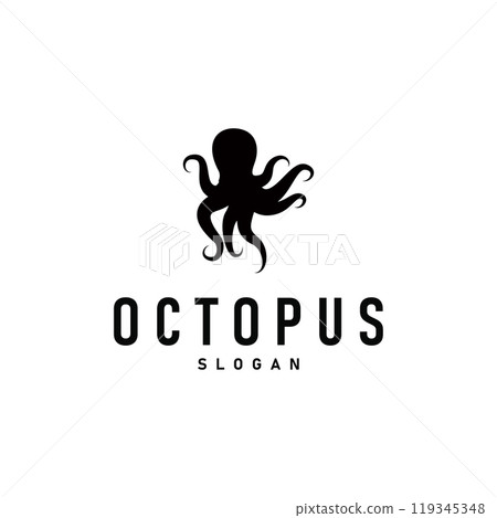 Octopus Logo, Old Retro Vintage Design Ocean Animal Vector Tentacle Illustration Template 119345348