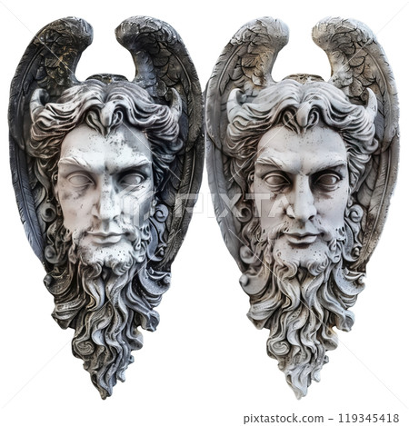Symmetrical twin satyr face sculptures with intricate details on a grey grid background 119345418