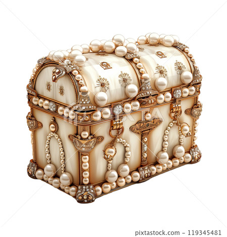 Ornate chest adorned with pearls and gold, showcasing intricate detailing against a transparent backdrop Ornate chest adorned with pearls and gold, showcasing intricate detailing against a transparent backdrop 119345481
