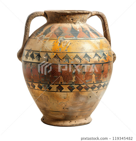 Isolated image of an ancient terracotta vase featuring ethnic patterns on a transparent background 119345482