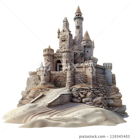 Detailed miniature fairy tale sand castle isolated on a transparent checkered background 119345483